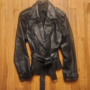 Otello Pelle Black Soft Leather Belted Moto Jacket Women’s Medium Classic Fitted